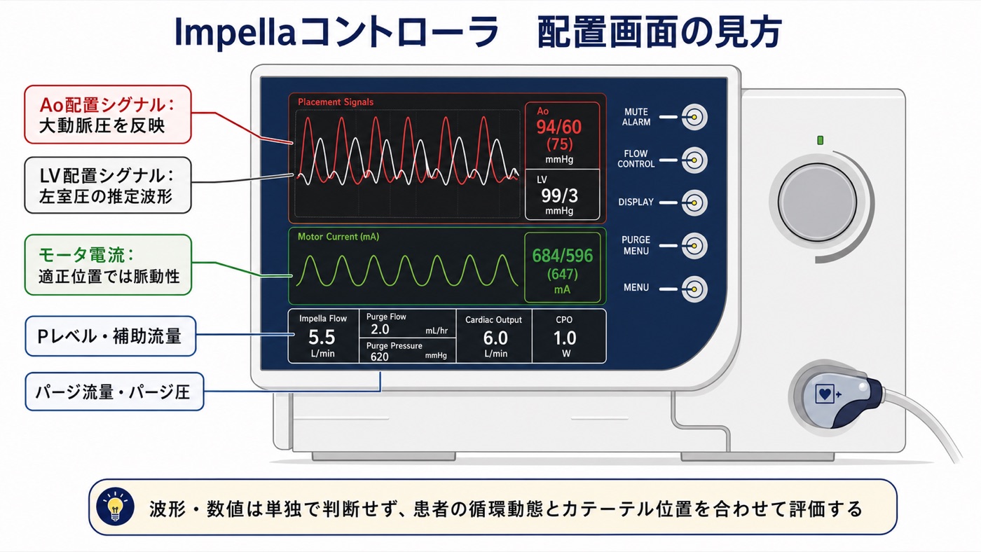 Impellaコントローラの配置画面の見方：Ao配置シグナル（大動脈圧）、LV配置シグナル（左室圧の推定波形）、モータ電流（適正位置では脈動性）、Pレベル・補助流量、パージ流量・パージ圧の説明図