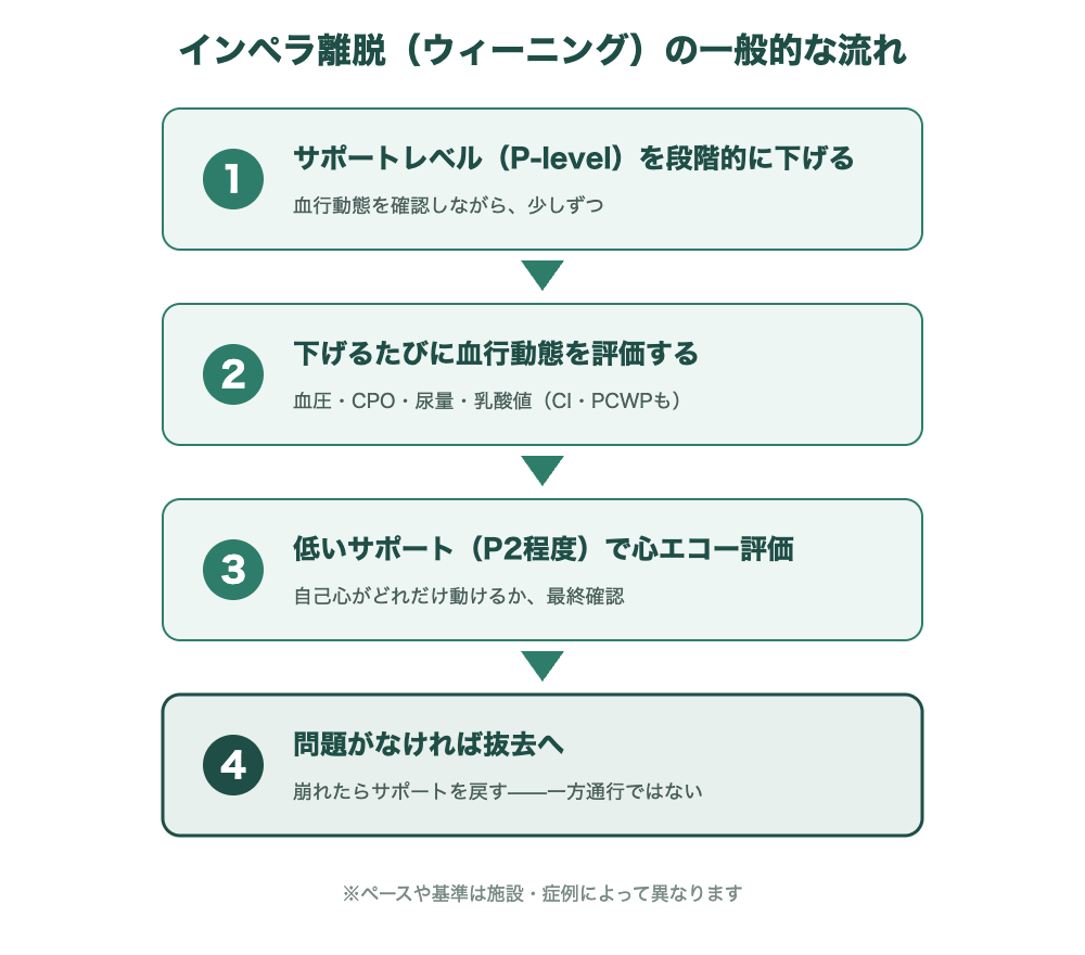 インペラ離脱(ウィーニング)の一般的な流れ:P-levelを段階的に下げ、血行動態を評価し、P2程度で心エコー評価、問題なければ抜去する図解
