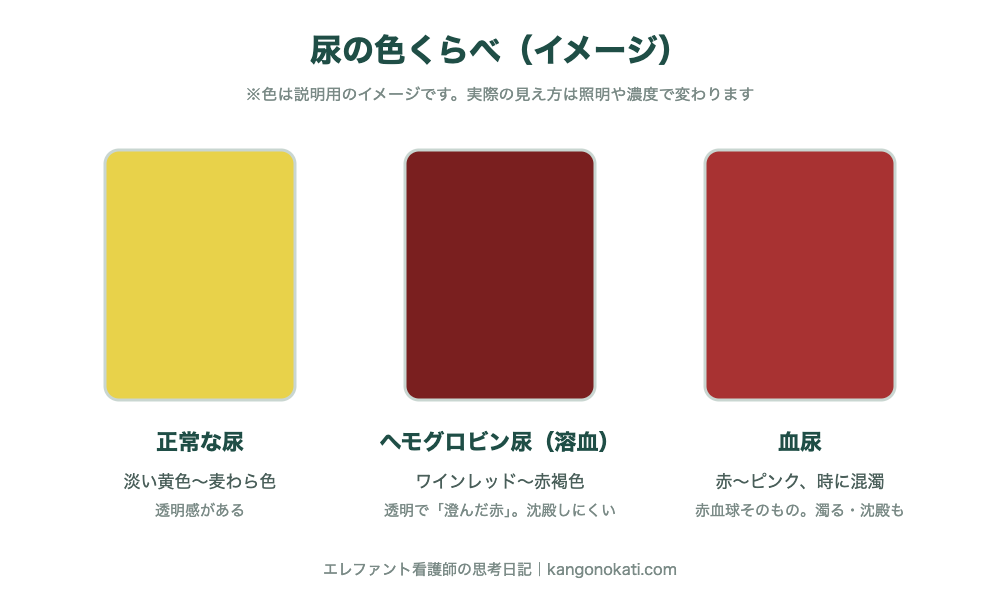 尿の色の比較イメージ:正常な尿(淡い黄色)、ヘモグロビン尿(ワインレッド〜赤褐色で澄んだ赤)、血尿(赤〜ピンクで混濁することもある)の違い