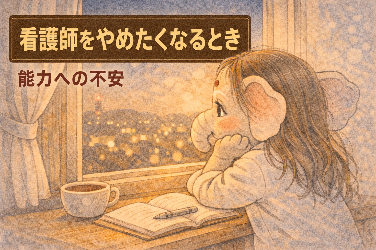 夜の窓辺で、ノートとコーヒーを前に頬杖をついて外を眺めている看護師のイラスト。記事シリーズ「看護師をやめたくなるとき」のアイキャッチ画像。サブタイトルは「能力への不安」。