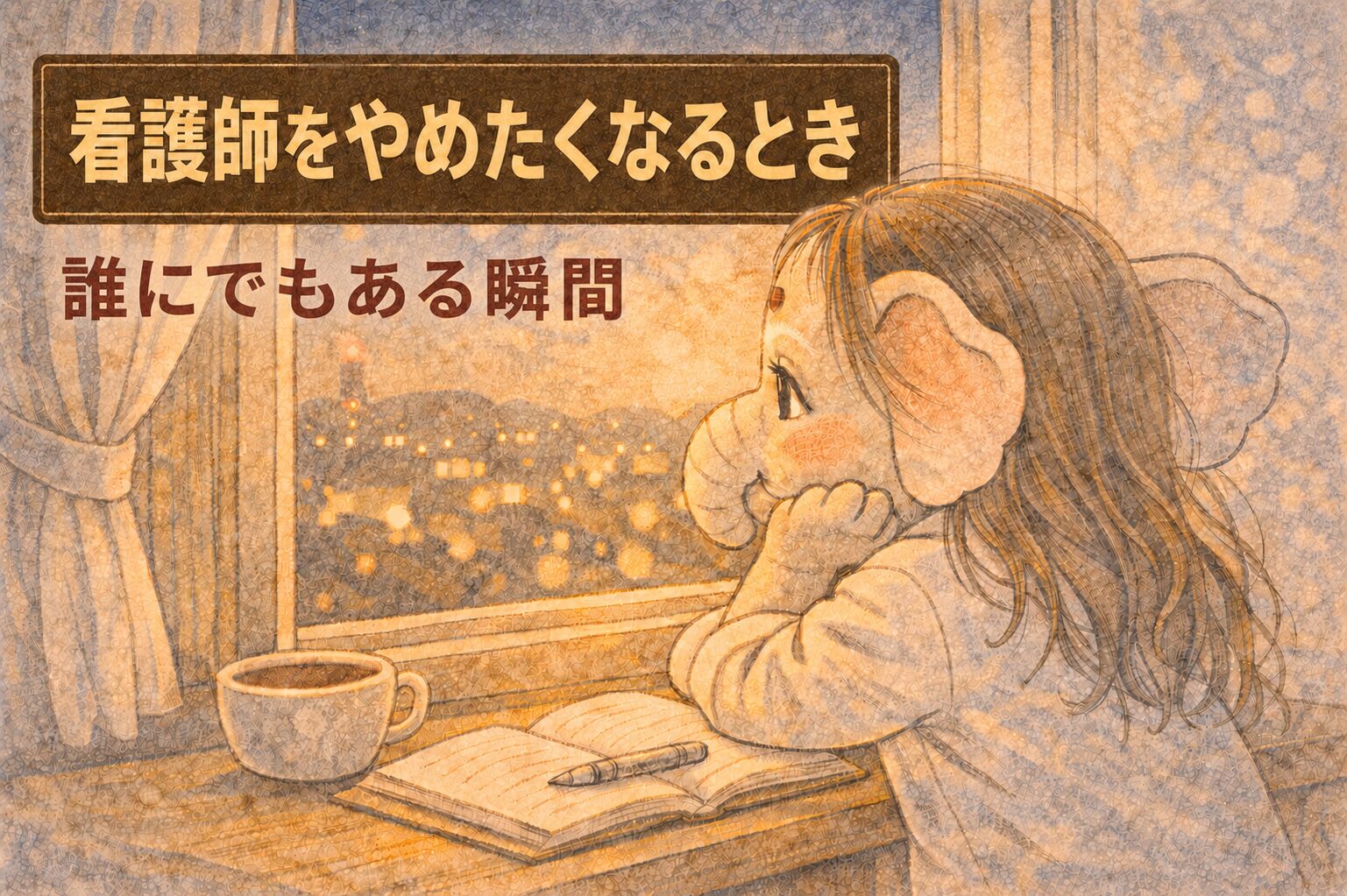 夜の窓辺で、ノートとコーヒーを前に頬杖をついて外を眺めている看護師のイラスト。記事シリーズ「看護師をやめたくなるとき」のアイキャッチ画像。サブタイトルは「誰にでもある瞬間」。