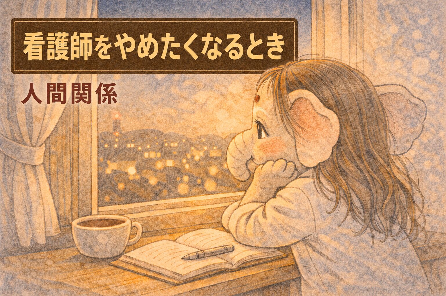 夜の窓辺で、ノートとコーヒーを前に頬杖をついて外を眺めている看護師のイラスト。記事シリーズ「看護師をやめたくなるとき」のアイキャッチ画像。サブタイトルは「人間関係」。