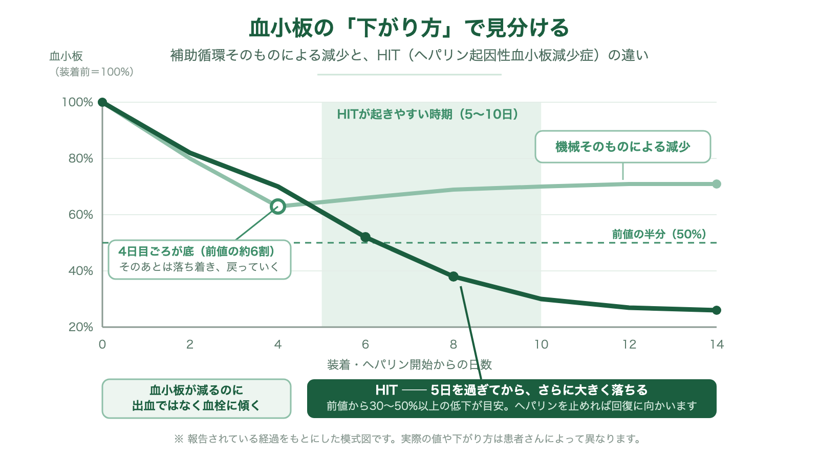 血小板の下がり方を2本の線で比べた折れ線図。補助循環そのものによる減少は装着4日目ごろに前値の約6割まで下がり、そこから落ち着いて戻っていく。HITは5日を過ぎてからさらに落ち続け、前値の半分を下回っていく。底を打って戻るのか、落ち続けるのかが見分けの手がかり。