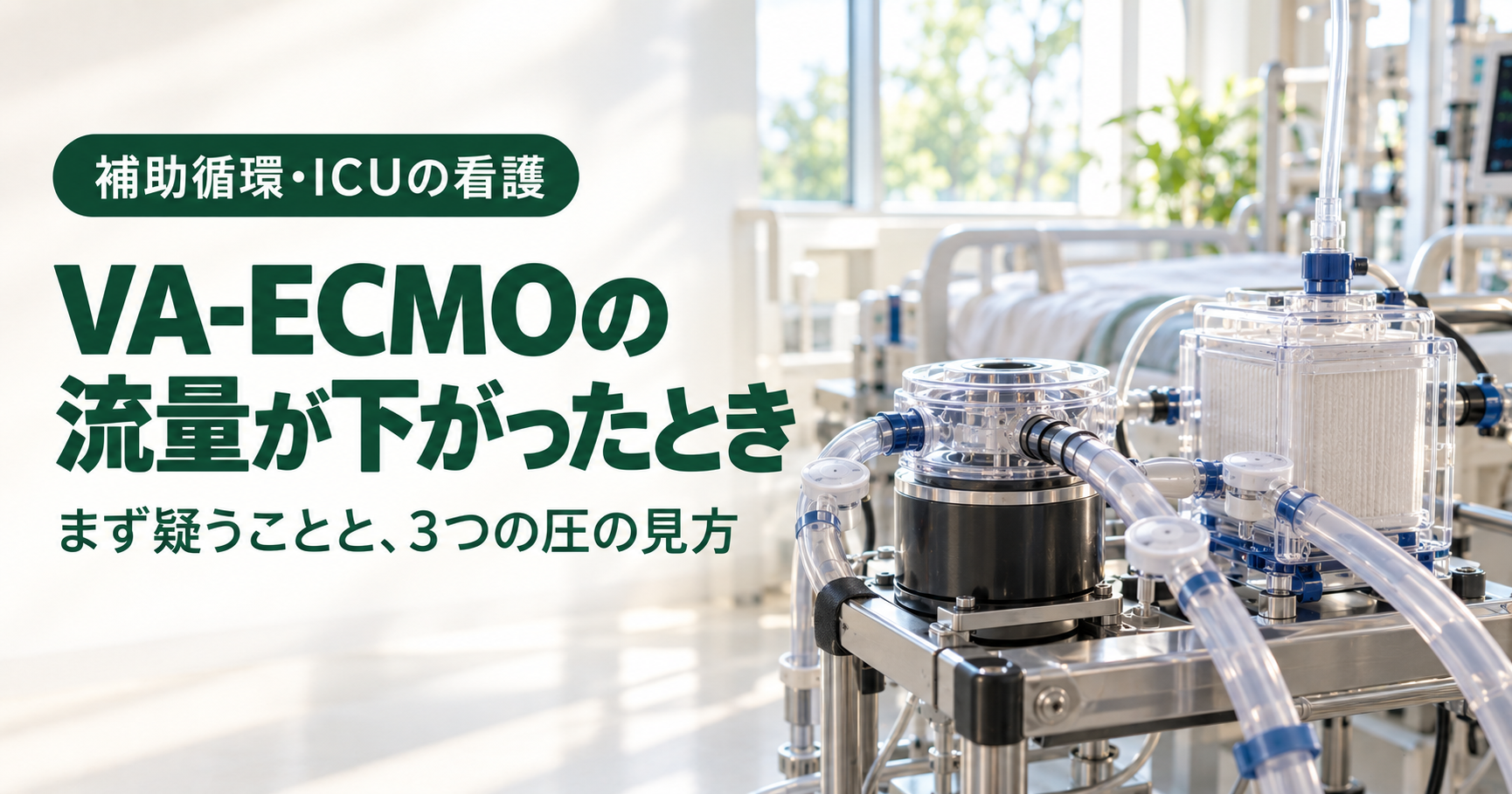 VA-ECMOの流量が下がったときの記事のアイキャッチ。明るい集中治療室で、金属の架台に固定された円盤型の遠心ポンプと箱型の人工肺が、太い透明なチューブでつながっている。左側に深い緑のバッジ「補助循環・ICUの看護」と、文字「VA-ECMOの流量が下がったとき」「まず疑うことと、3つの圧の見方」。