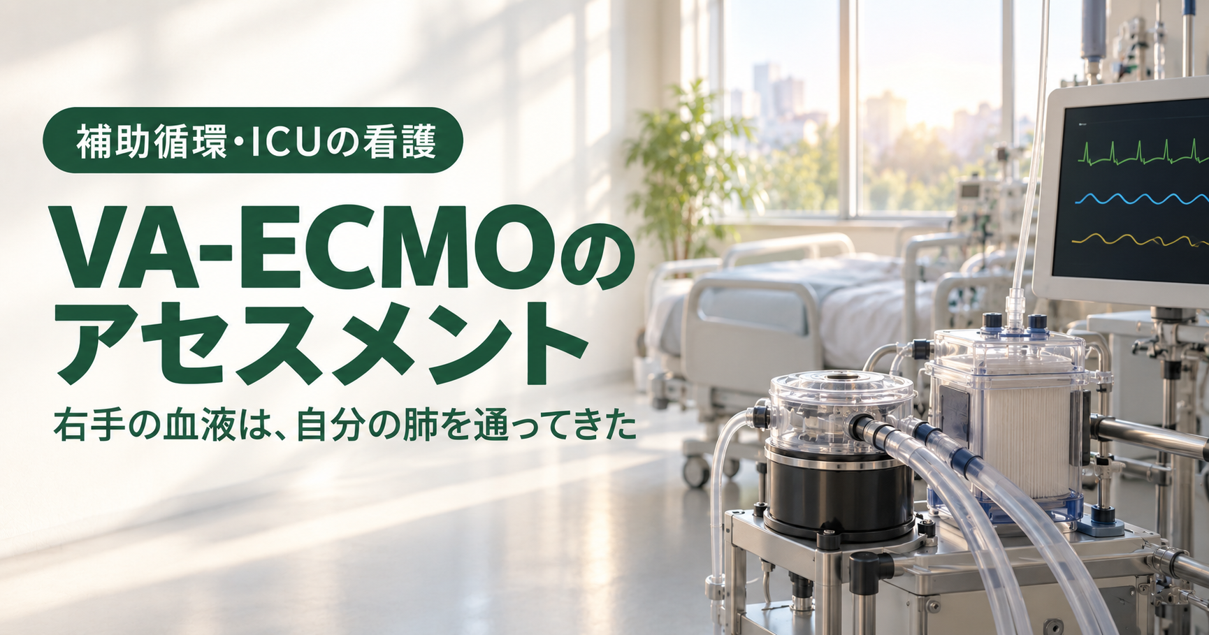 記事「VA-ECMOのアセスメントQ&A 7つ|受け持った日に、どこから見ていくか」のアイキャッチ画像。朝の光が差し込む明るいICU。右側に、黒いモーターの上に乗った透明な円盤型の遠心ポンプヘッドと、箱型の人工肺、それらをつなぐ太い透明チューブが並ぶ。奥には波形だけを映した生体情報モニターと、整えられたベッド、窓と観葉植物が見える。左側に「補助循環・ICUの看護」の緑色のバッジと、記事タイトルが置かれている。
