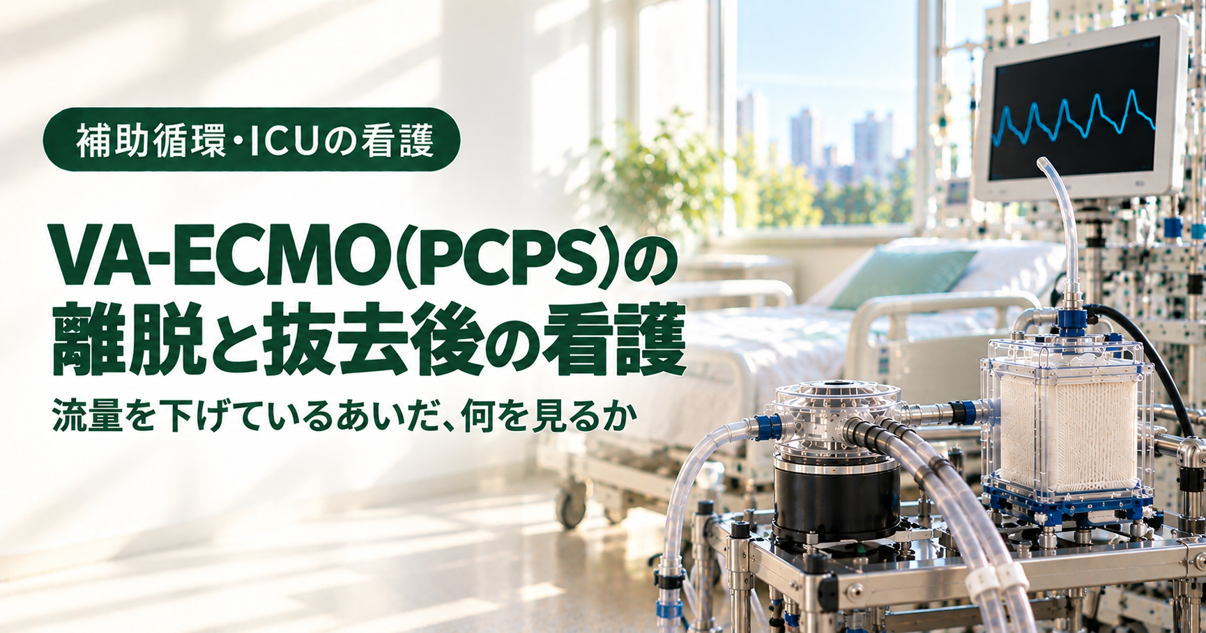 記事「VA-ECMO（PCPS）の離脱と抜去後の看護｜流量を下げているあいだ、何を見るか」のアイキャッチ画像。明るいICUの窓辺に、整えられた空のベッドがある。手前の金属製の架台に、黒いモーターの上に乗った透明な円盤型の遠心ポンプヘッドと、箱型の人工肺が固定され、透明なチューブでつながっている。人工肺の上部からは細い酸素チューブが伸びている。奥のモニターには水色の動脈圧の波形が映っている。左側に「補助循環・ICUの看護」の緑色のバッジと、記事タイトルが置かれている。