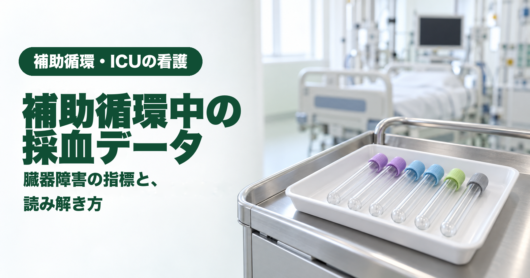 記事「補助循環中の採血データ|臓器障害の指標と、読み解き方」のアイキャッチ画像。明るいICUのベッドサイドで、金属製のワゴンの上の白いトレーに、紫・水色・黄緑・グレーのキャップの付いた空の採血管が6本並んでいる。奥にはぼやけたICUのベッドとモニター。左側に「補助循環・ICUの看護」「補助循環中の採血データ」「臓器障害の指標と、読み解き方」の文字。