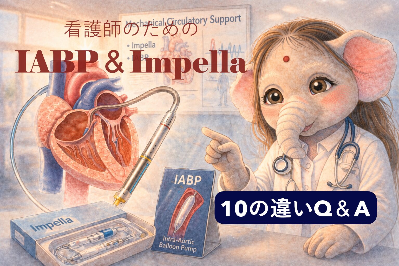 「IABPとインペラ（Impella）の違い｜初めて担当する看護師の10の疑問」のアイキャッチ画像。やわらかい色合いのイラストで、白衣を着て聴診器をかけたエレファントの看護師が、心臓の断面図とインペラのカテーテルを指さしている。手前にはインペラの箱と、IABP（大動脈内バルーンパンピング）のバルーンを描いたカード。左上に「看護師のための IABP & Impella」、右下に「10の違いQ＆A」の文字。