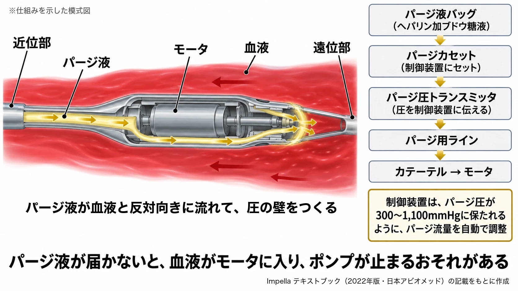 仕組みを示した模式図。インペラのパージシステムのしくみを示した図。左は、血液の中にあるインペラのモータ部分の断面。近位部から淡い黄色のパージ液がモータに向かって流れ、モータのすき間を通って遠位部側から血液の中へ出ていく。赤い血液は反対の向きに流れており、パージ液が血液と反対向きに流れて、圧の壁をつくっている。右は、パージ液の通り道：パージ液バッグ（ヘパリン加ブドウ糖液）、パージカセット（制御装置にセット）、パージ圧トランスミッタ（圧を制御装置に伝える）、パージ用ライン、カテーテルからモータへ。制御装置は、パージ圧が300〜1,100mmHgに保たれるように、パージ流量を自動で調整。下に、パージ液が届かないと、血液がモータに入り、ポンプが止まるおそれがある、の文字。
