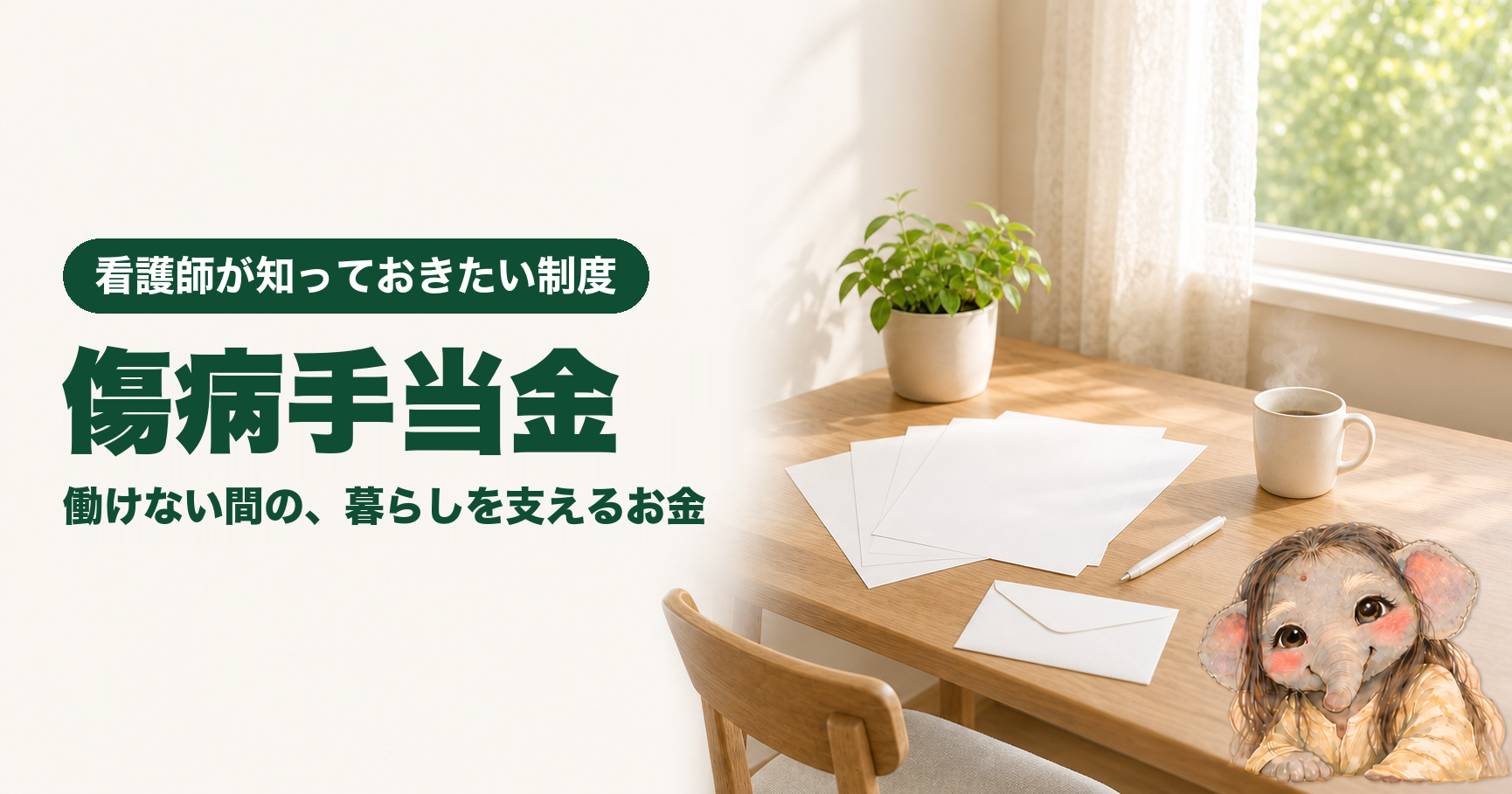 記事「看護師が知っておきたい傷病手当金|働けない間のお金と、待期3日の数え方」のアイキャッチ画像。窓から朝の光が差し込む自宅の部屋の、窓辺の木のデスク。デスクの上に無地の書類が数枚とペン、湯気の立つ白いマグカップ、無地の封筒、観葉植物が置かれている。窓の外には緑。左側に「看護師が知っておきたい制度」「傷病手当金」「働けない間の、暮らしを支えるお金」の文字。右下にブログのキャラクターである象が座っている。